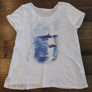 J.JILL Women's White short-sleeve Love Linen Lake Sailboat Print T-shirt Tee - M